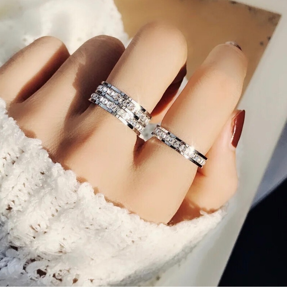 Platinum Plated Double Row Princess Cut Diamond Inlay Ring